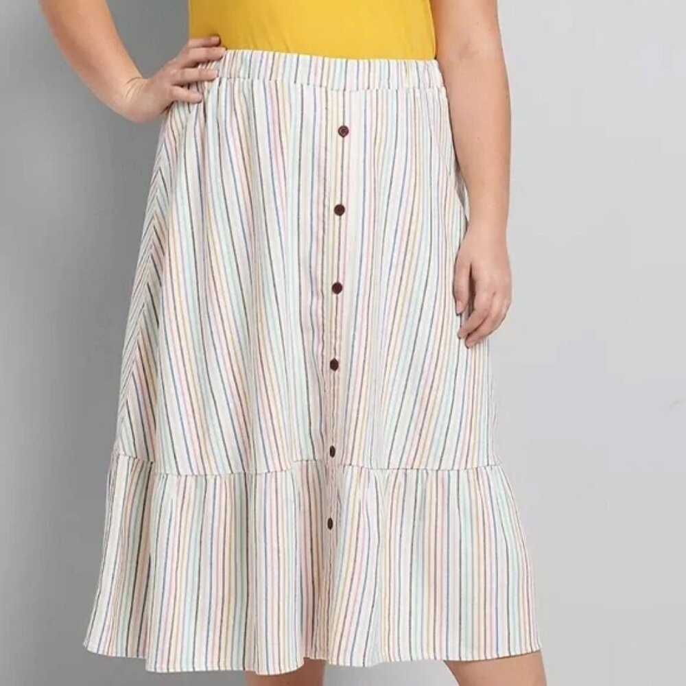 Plus Size Lane Bryant 26/28 Colorful Striped Ruffle Hem Pull-On Midi Skirt - Picture 5 of 14